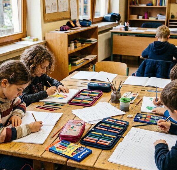Kinder in einem hellen Klassenzimmer beim gemeinsamen Lernen und Malen