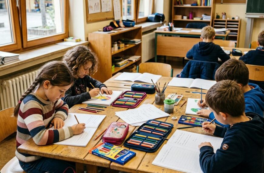 Kinder in einem hellen Klassenzimmer beim gemeinsamen Lernen und Malen