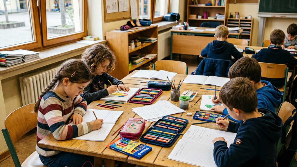 Kinder in einem hellen Klassenzimmer beim gemeinsamen Lernen und Malen