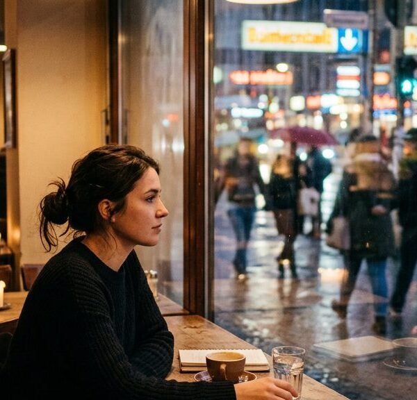 Junge Frau sitzt allein an einem Café-Fenster und blickt abends auf eine belebte Straße
