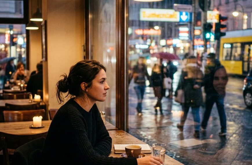 Junge Frau sitzt allein an einem Café-Fenster und blickt abends auf eine belebte Straße