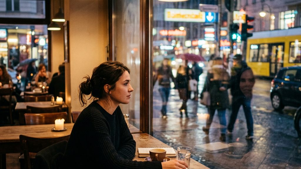 Junge Frau sitzt allein an einem Café-Fenster und blickt abends auf eine belebte Straße