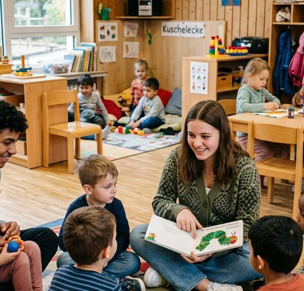 Junge Erwachsene lesen Kindern in einer Kindertagesstätte vor – Einsatz im Freiwilligen Sozialen Jahr