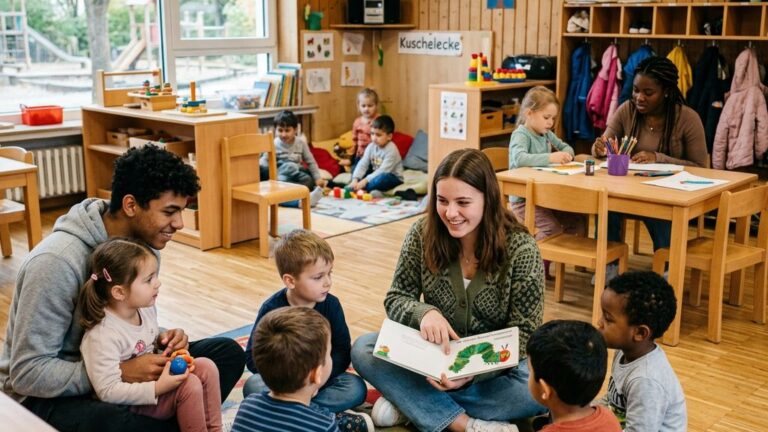 Junge Erwachsene lesen Kindern in einer Kindertagesstätte vor – Einsatz im Freiwilligen Sozialen Jahr