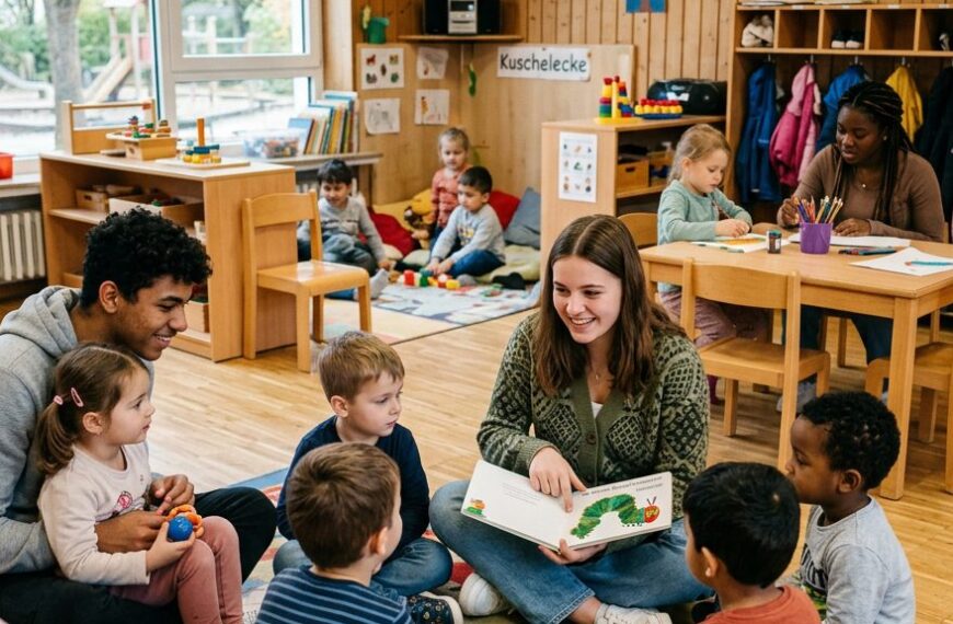 Junge Erwachsene lesen Kindern in einer Kindertagesstätte vor – Einsatz im Freiwilligen Sozialen Jahr