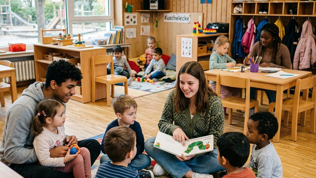 Junge Erwachsene lesen Kindern in einer Kindertagesstätte vor – Einsatz im Freiwilligen Sozialen Jahr