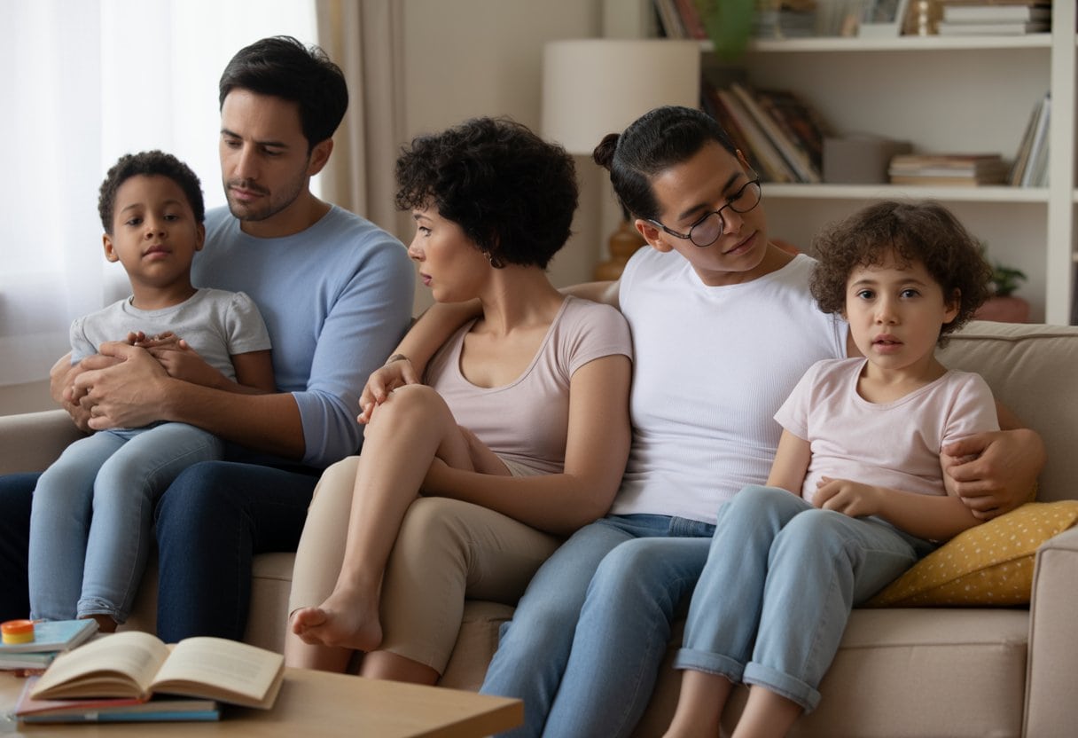 Eine Familie sitzt zusammen im Wohnzimmer und zeigt unterschiedliche Gefühle, darunter auch leichte Anspannung und Erschöpfung.