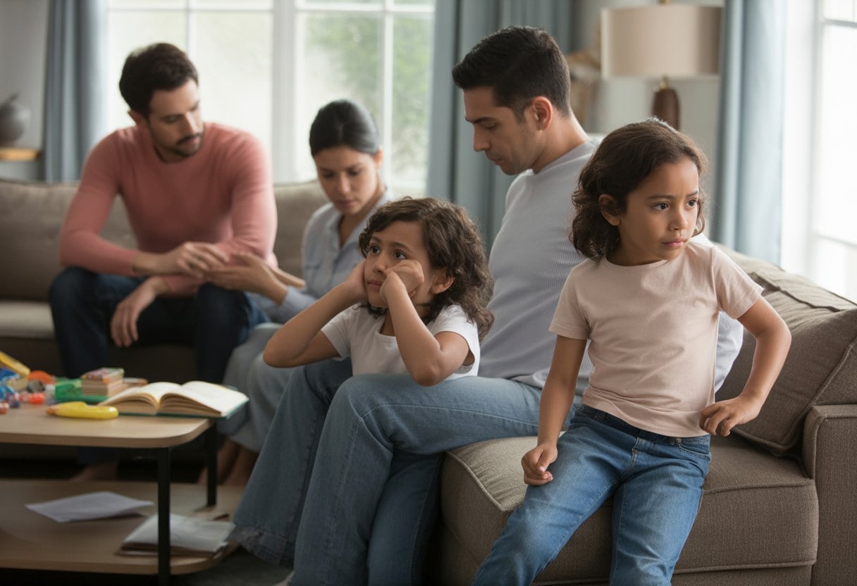 Eine Familie mit zwei Kindern in einem Wohnzimmer, die unterschiedliche Emotionen zeigt und eine komplexe Familiensituation darstellt.