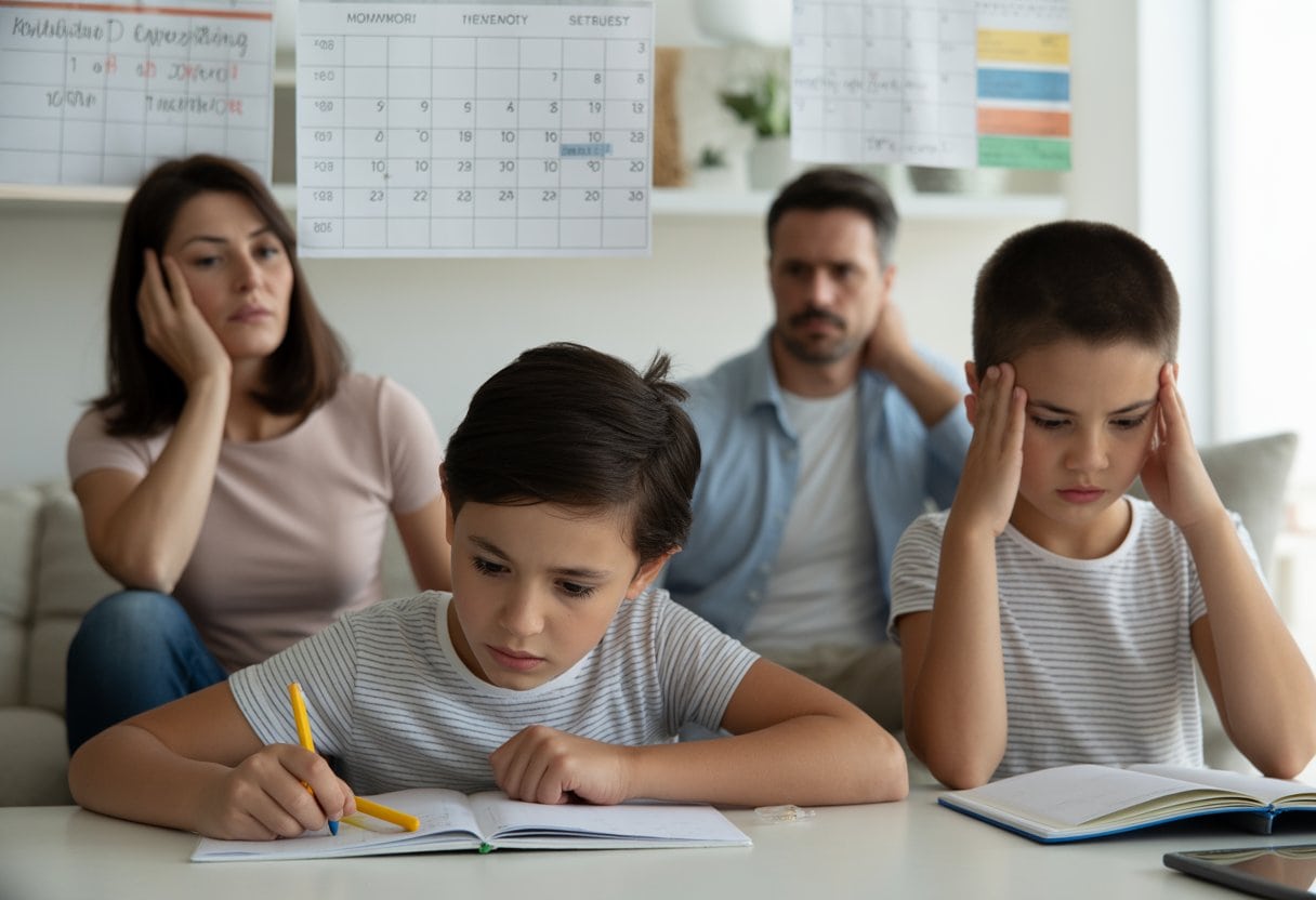 Eine Familie mit zwei Kindern in einem Wohnzimmer, die Eltern wirken gestresst, die Kinder beschäftigen sich mit Hausaufgaben und Spielen, die Szene zeigt den Druck, perfekt zu sein.