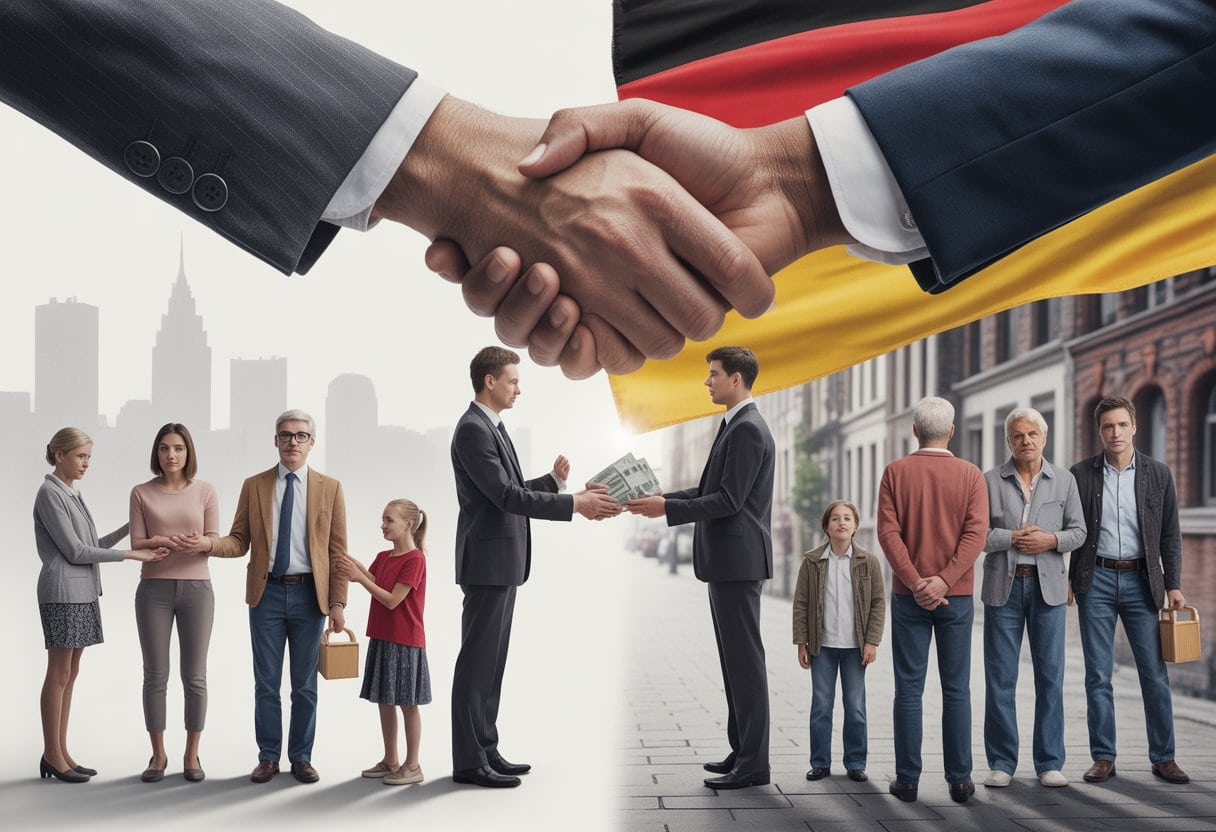 Menschen in Geschäftskleidung geben Geld, während andere Menschen in einfacher Kleidung in einer städtischen Umgebung stehen, die Armut zeigt.