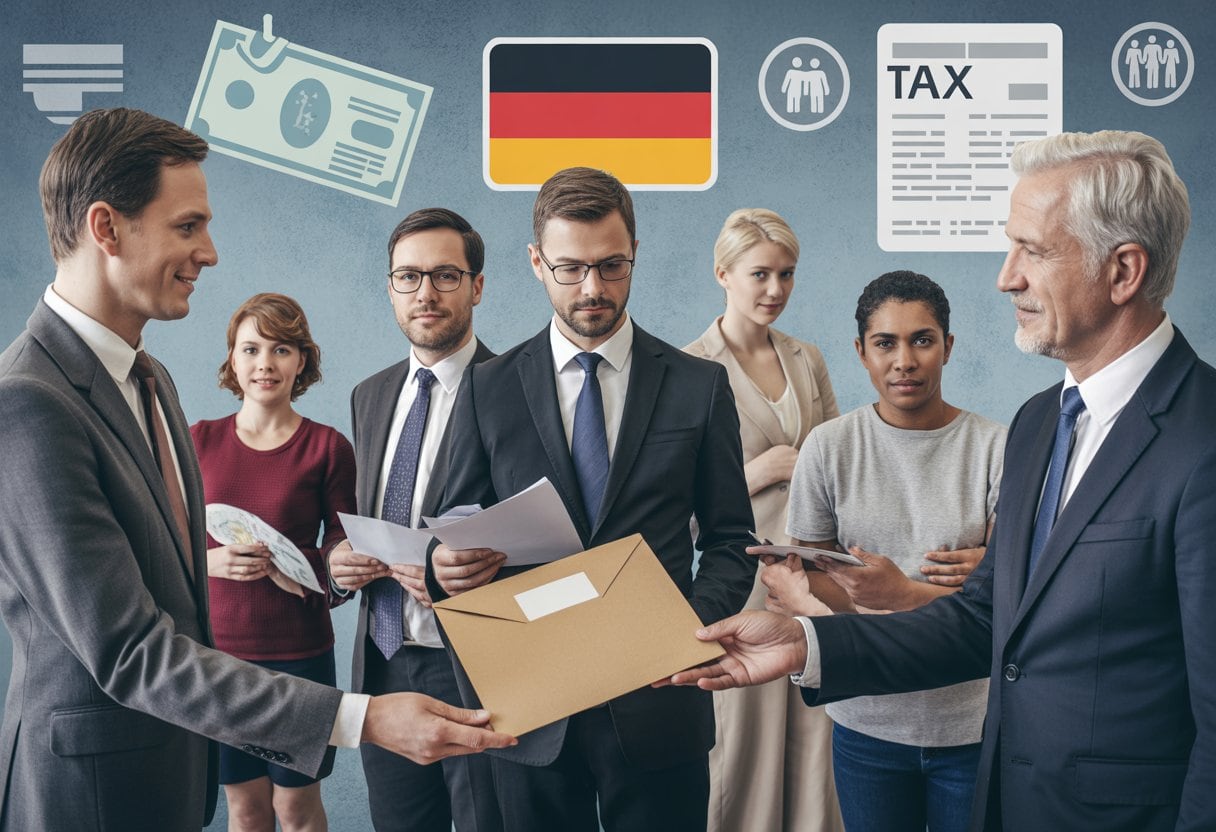 Mehrere Menschen unterschiedlicher Herkunft übergeben Spenden, prüfen Dokumente und erhalten soziale Unterstützung in einer städtischen Umgebung.