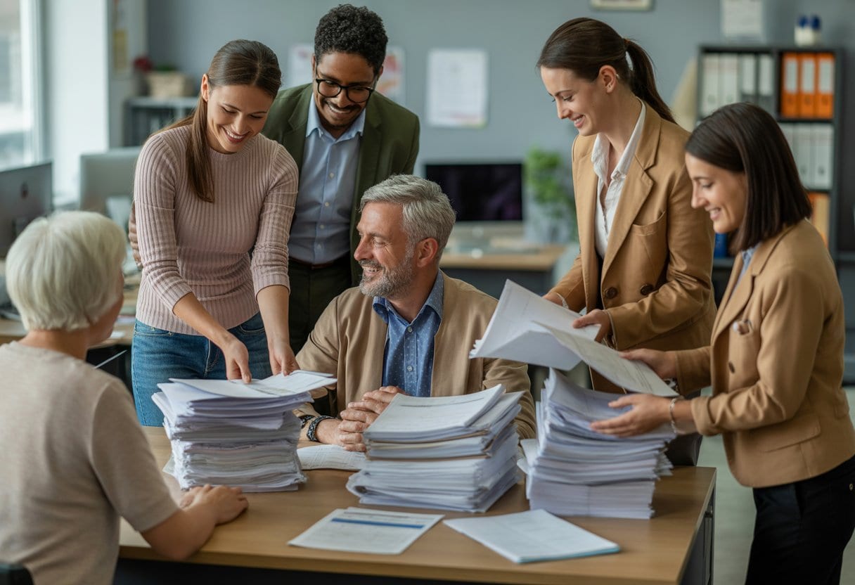 Eine Gruppe von Freiwilligen arbeitet gemeinsam in einem Büro, hilft Menschen und bearbeitet viele Dokumente.