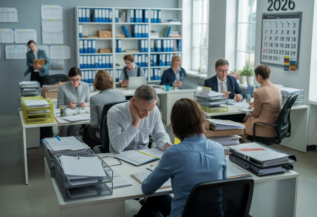 Mehrere Personen arbeiten an Schreibtischen mit vielen Dokumenten und Computern in einem Büro, wirken gestresst und beschäftigt.