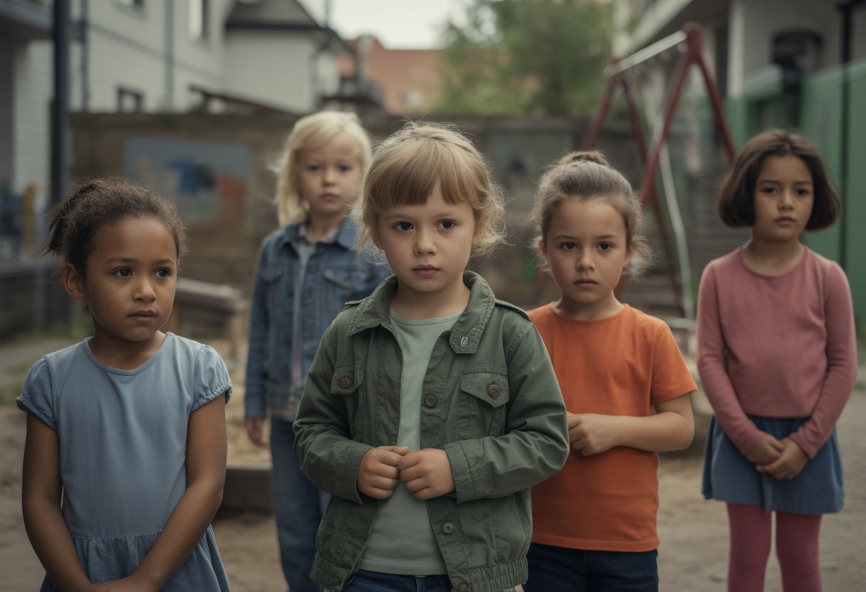 Eine Gruppe von Kindern in einem städtischen Umfeld mit einfachem Wohnumfeld, die nachdenklich oder ernst schauen.