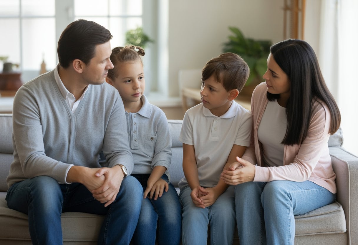 Eine Familie mit zwei Eltern und zwei Kindern sitzt zusammen in einem hellen Wohnzimmer und führt ein ernstes Gespräch.