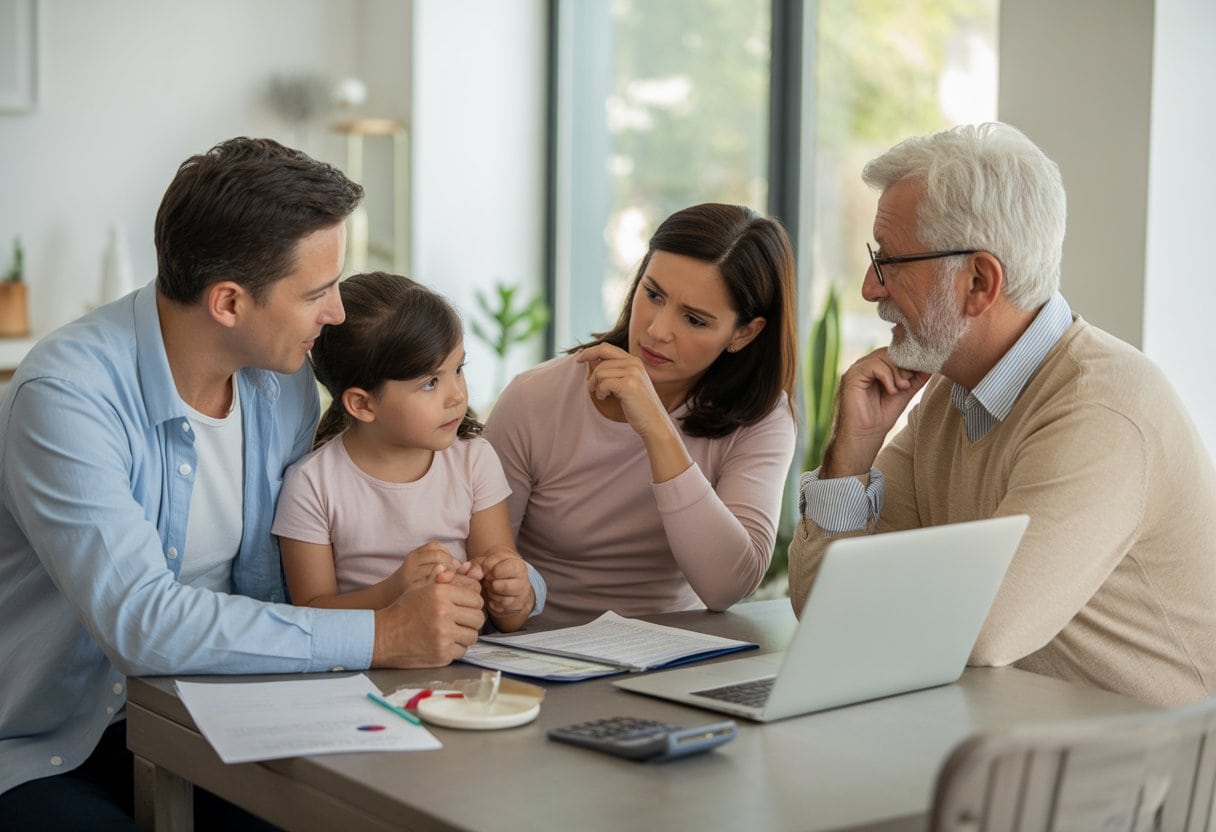 Eine Familie sitzt gemeinsam am Esstisch und bespricht Unterlagen zur Krankenversicherung.