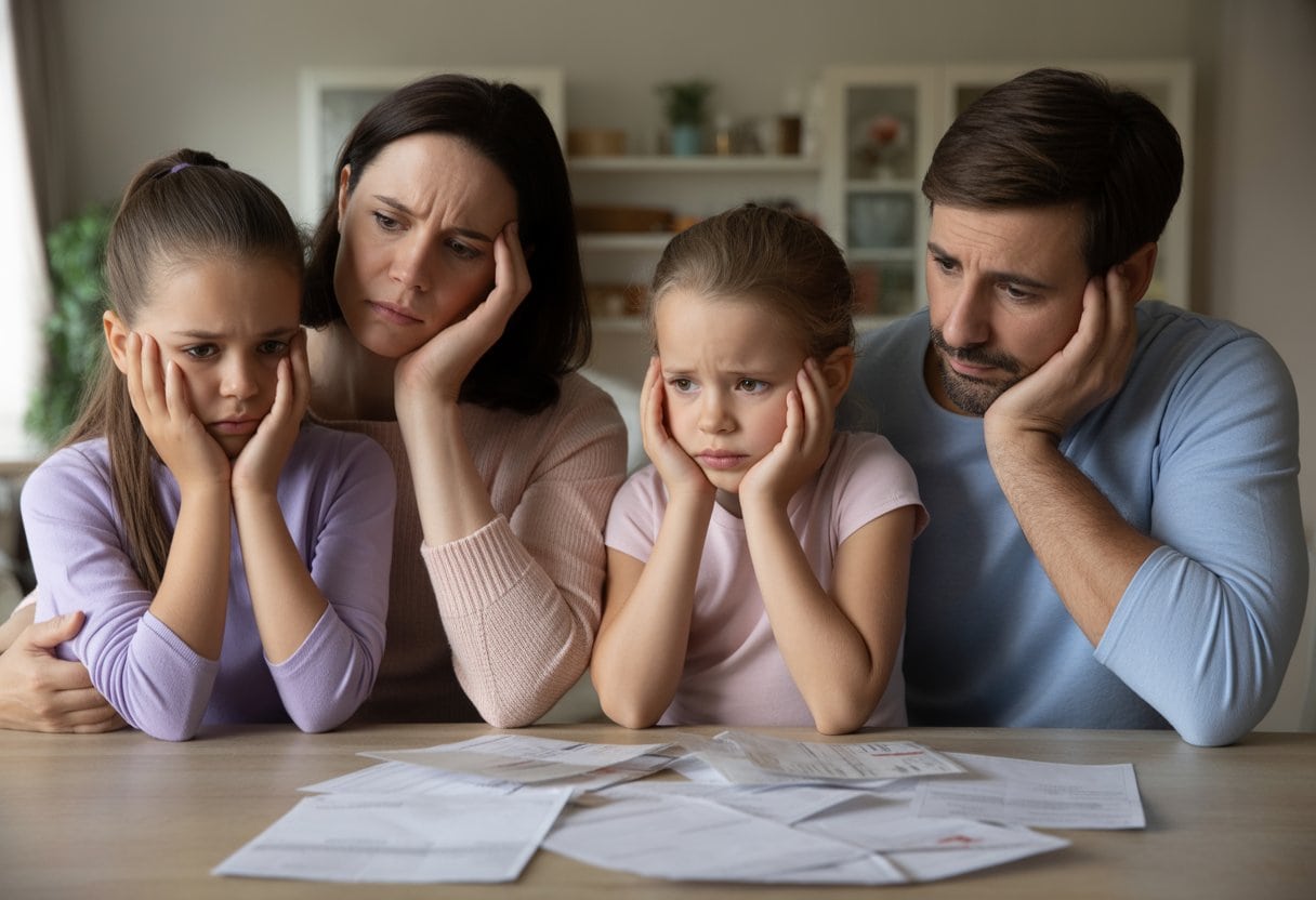 Eine besorgte Familie sitzt gemeinsam am Küchentisch mit Rechnungen und Dokumenten und wirkt gestresst.
