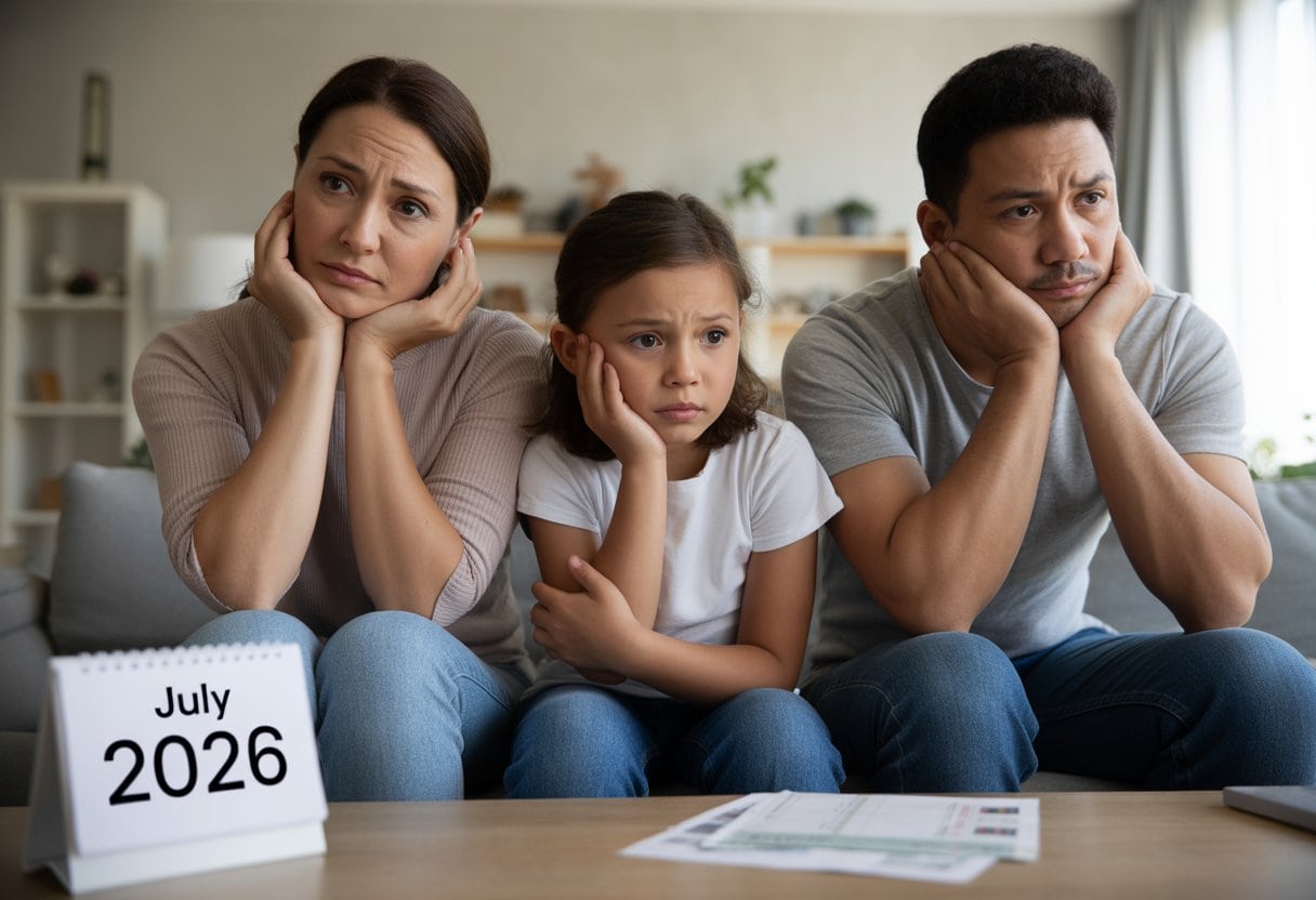 Eine besorgte Familie mit Eltern und Kindern sitzt in einem Wohnzimmer und schaut nachdenklich, umgeben von Haushaltsunterlagen.