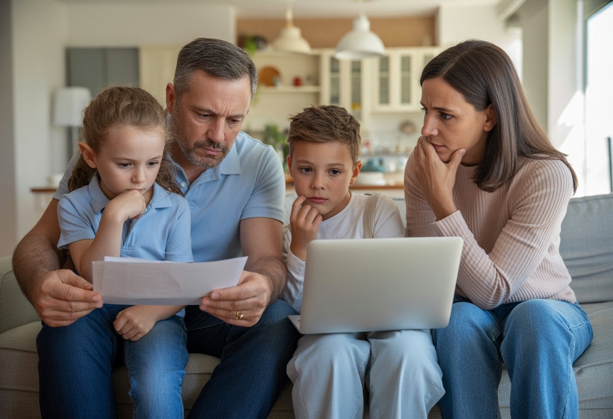 Eine Familie sitzt zusammen im Wohnzimmer und betrachtet nachdenklich Unterlagen, die Veränderungen bei der Wohnkostenunterstützung symbolisieren.