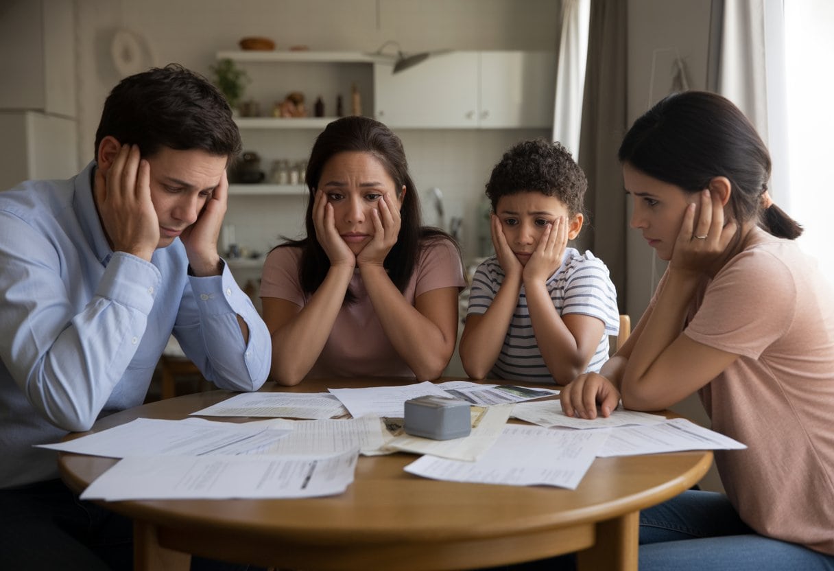 Eine besorgte Familie sitzt an einem Tisch mit Rechnungen in einer einfachen Wohnung.