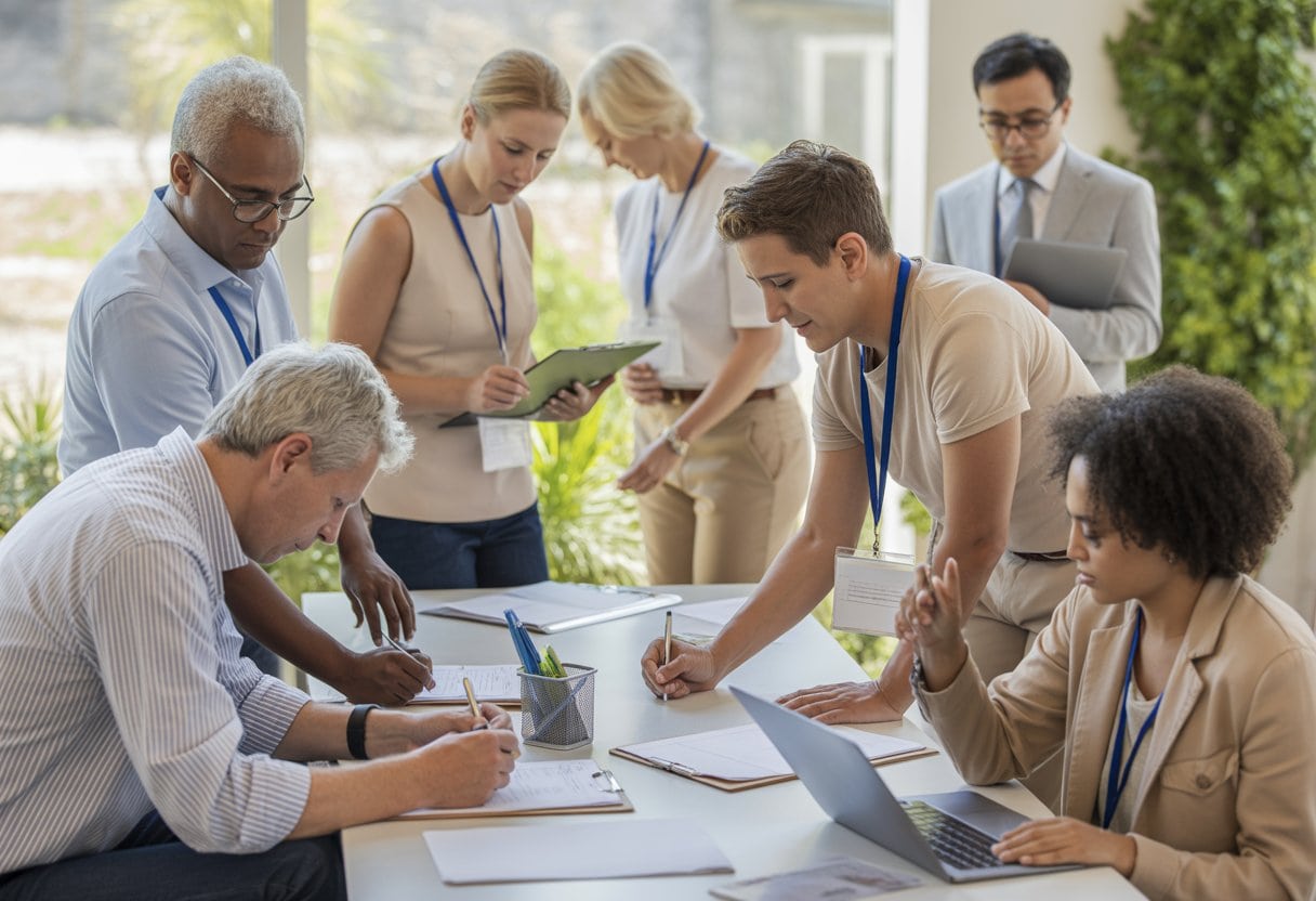 Eine Gruppe von Freiwilligen unterschiedlichen Alters arbeitet gemeinsam an einem Tisch mit Unterlagen in einem hellen Gemeinschaftszentrum.