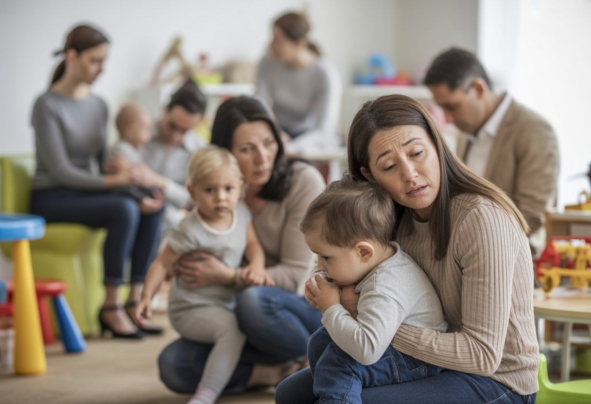 Eltern warten besorgt mit kleinen Kindern in einem überfüllten Kindergartenraum.