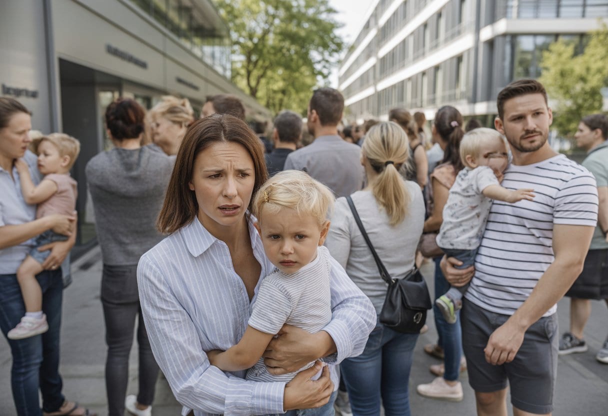 Eltern mit kleinen Kindern warten besorgt vor einem vollen städtischen Kindergarten.