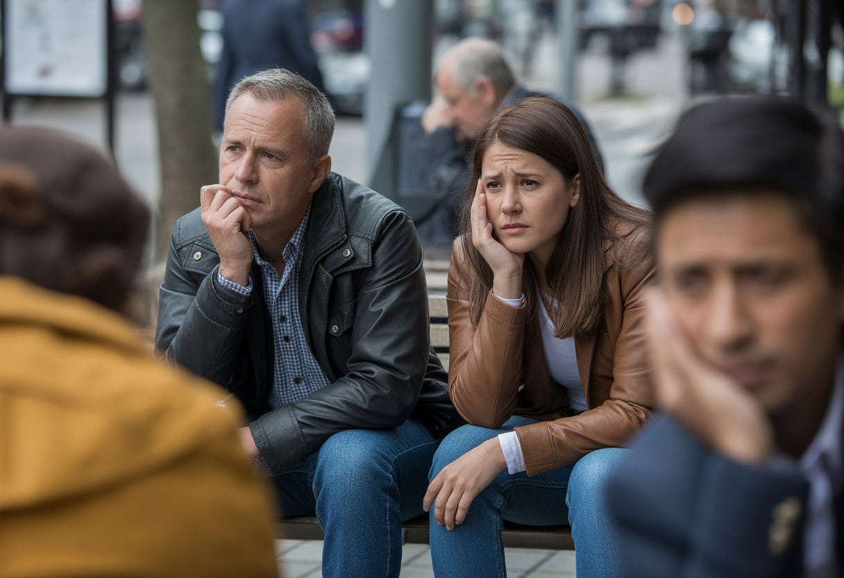 Zwei nachdenkliche Menschen sitzen auf einer Bank in der Stadt und wirken besorgt.