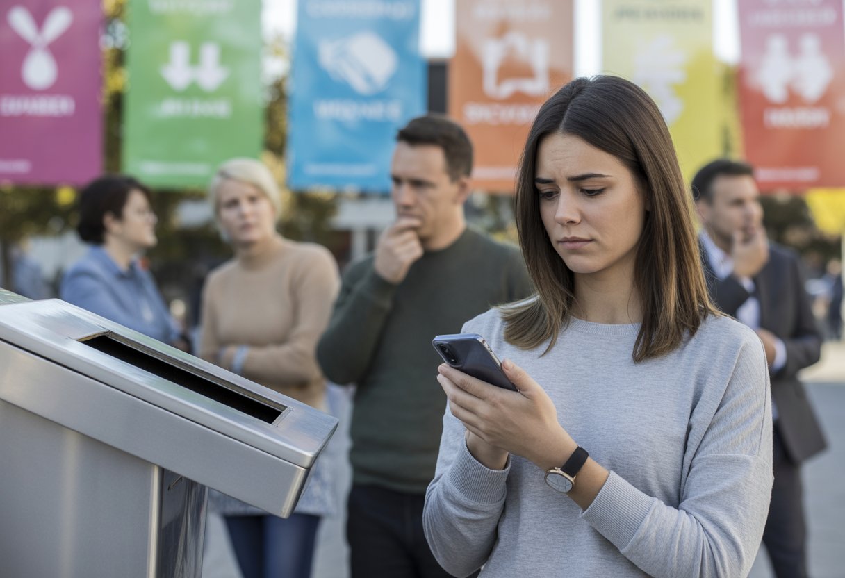 Menschen in einer Stadt, einige wirken nachdenklich, eine Frau hält ein Smartphone mit einer Spenden-App, im Hintergrund sind Symbole verschiedener Wohltätigkeitsorganisationen zu sehen.
