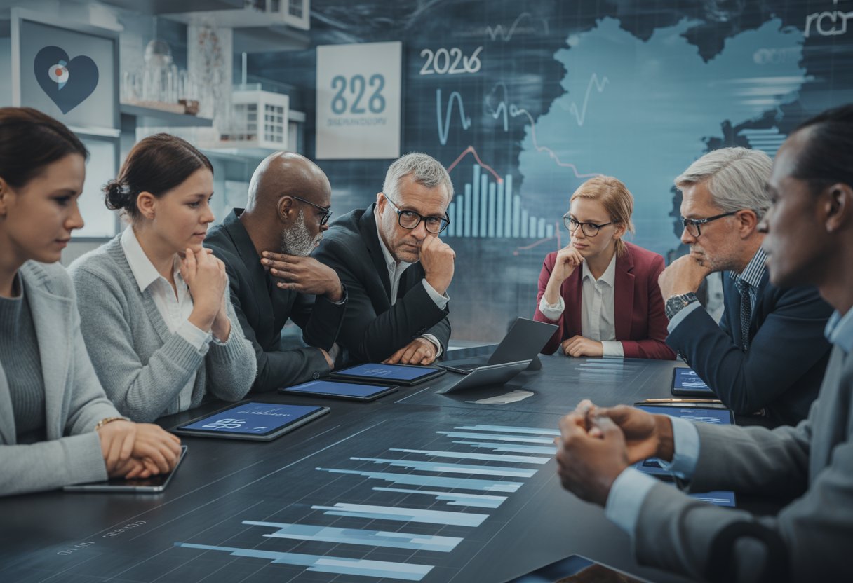 Mehrere Personen diskutieren in einem modernen Büro über sinkende Spendenbereitschaft in Deutschland.