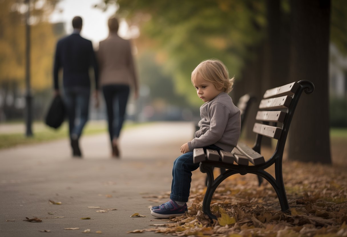 Ein Kind sitzt alleine auf einer Parkbank im Herbst und schaut nachdenklich, während zwei Erwachsene im Hintergrund in entgegengesetzte Richtungen gehen.