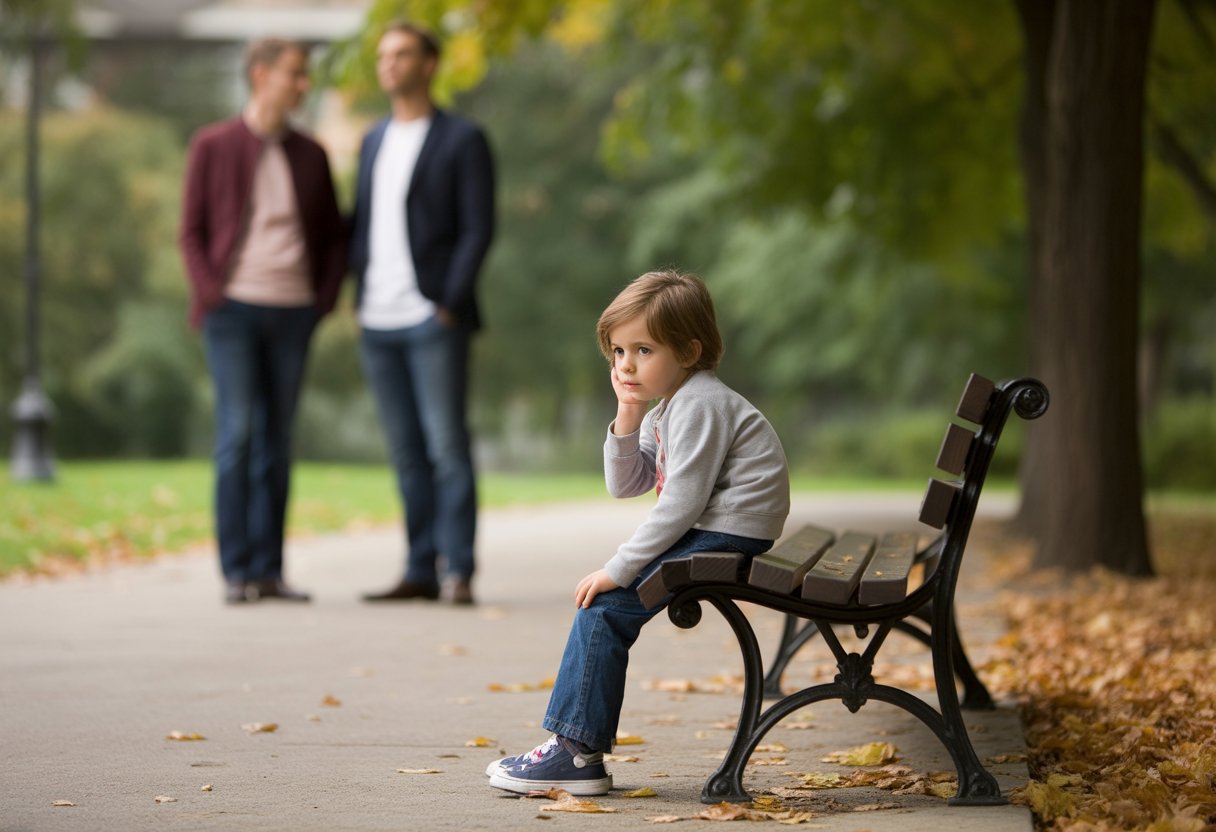 Ein Kind sitzt allein auf einer Parkbank, während zwei Erwachsene im Hintergrund getrennt voneinander stehen.