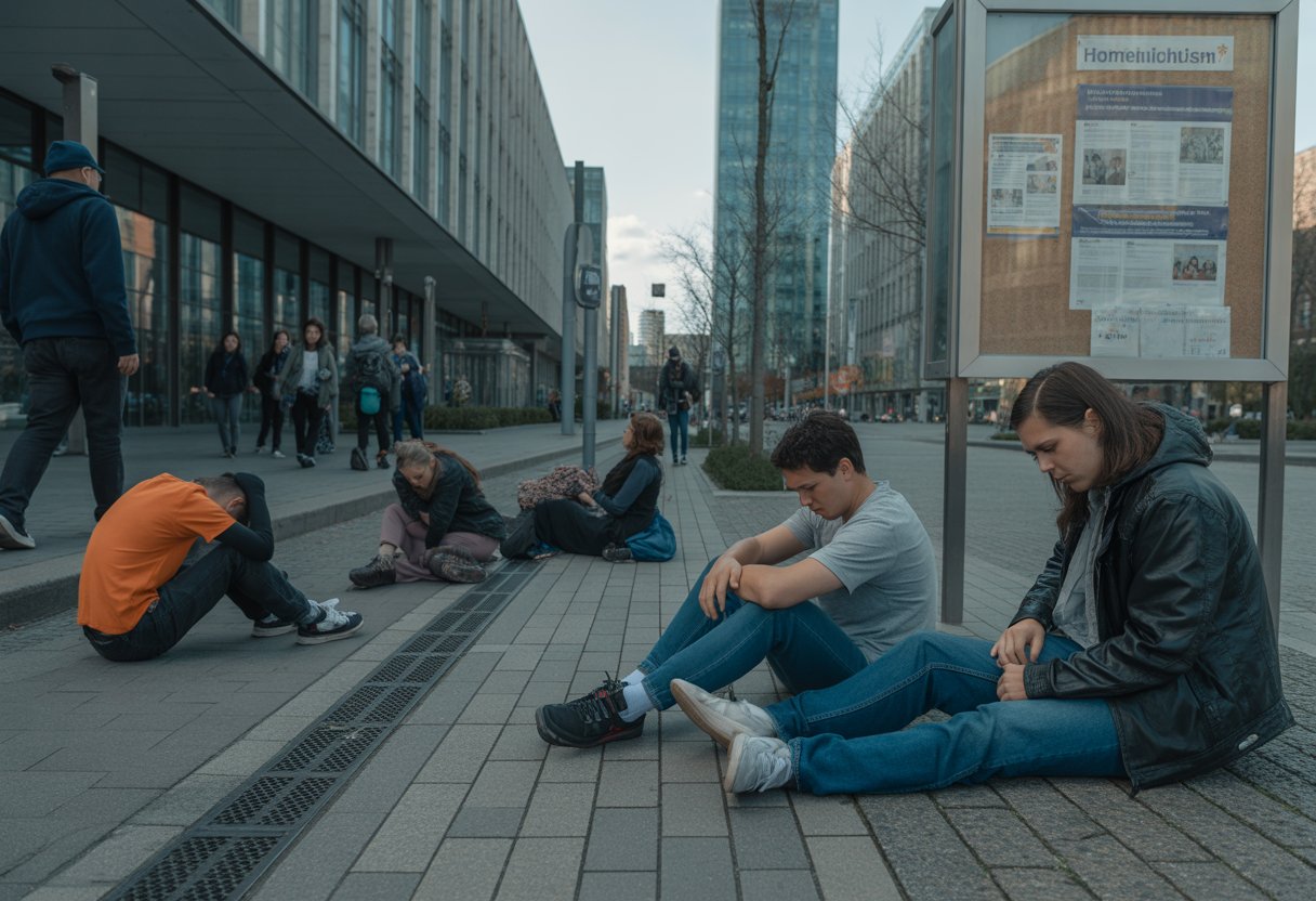 Mehrere obdachlose Menschen sitzen auf dem Bürgersteig in einer Stadt, während ein Sozialarbeiter ihnen Hilfe anbietet.
