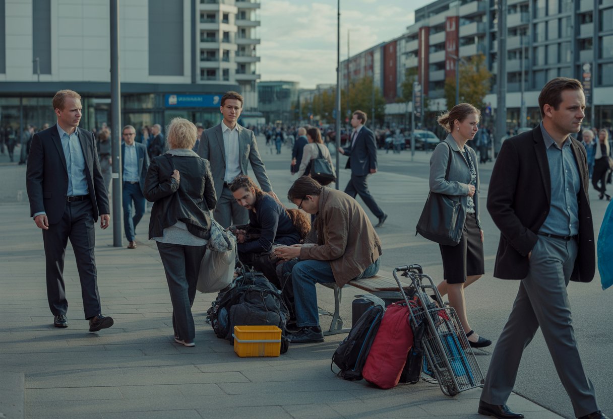 Eine Straßenszene in einer deutschen Stadt mit mehreren obdachlosen Menschen und vorbeigehenden Passanten.