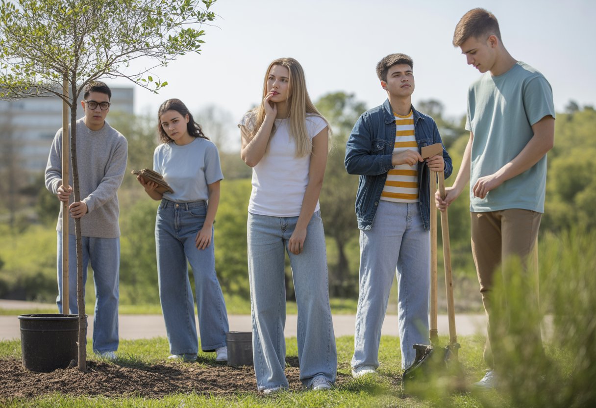 Junge Menschen bei einer Freiwilligenarbeit im Freien, einige engagiert, andere nachdenklich oder zurückhaltend.
