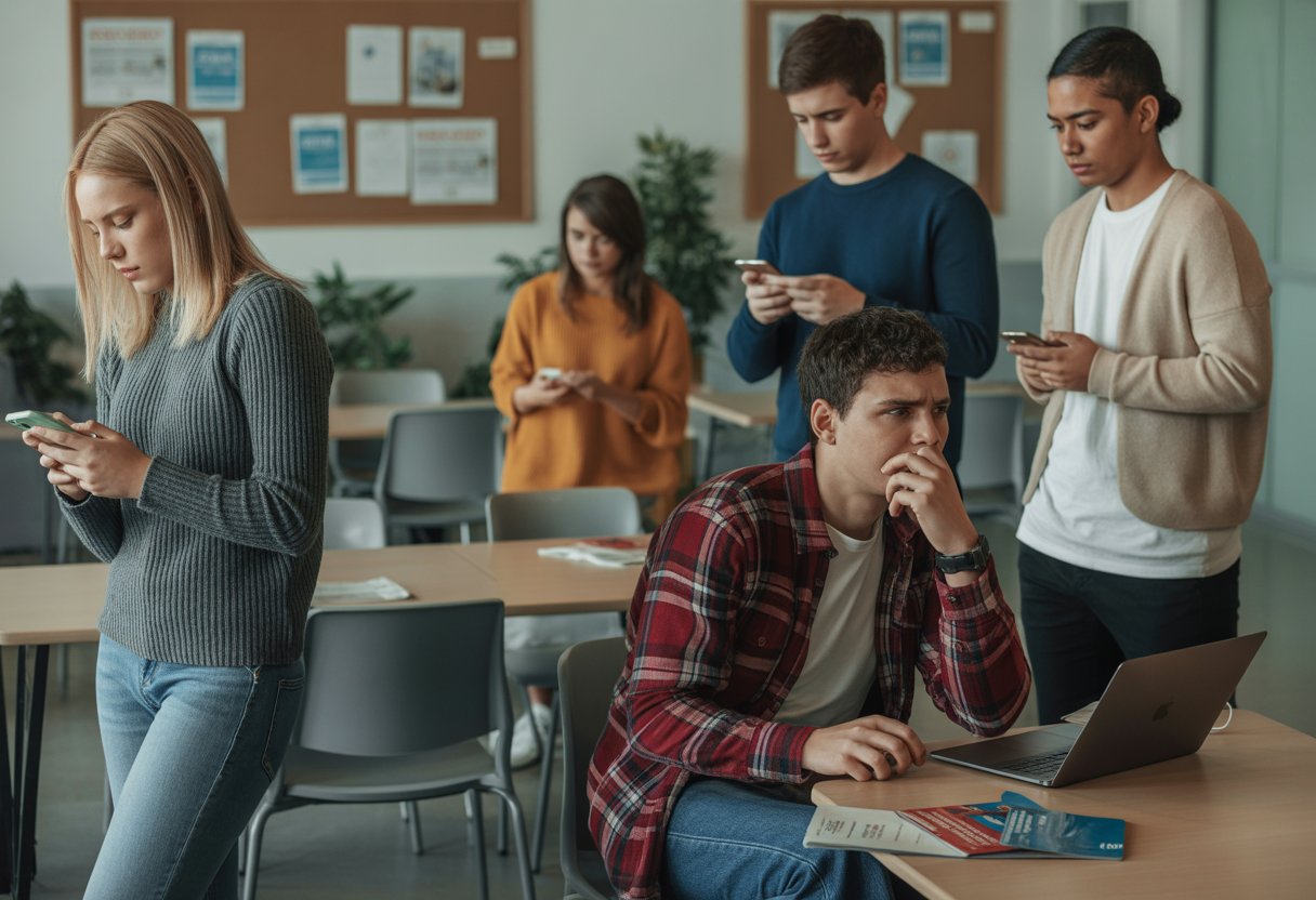 Eine Gruppe junger Menschen in einem Gemeinschaftsraum, einige schauen auf ihre Smartphones, andere wirken nachdenklich oder unbeteiligt.