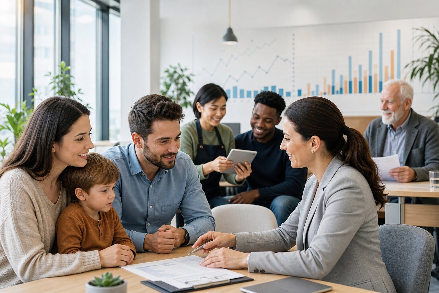 Eine Gruppe von Menschen verschiedener Altersgruppen und Hintergründe in einem hellen Büro, die miteinander sprechen und Dokumente besprechen.