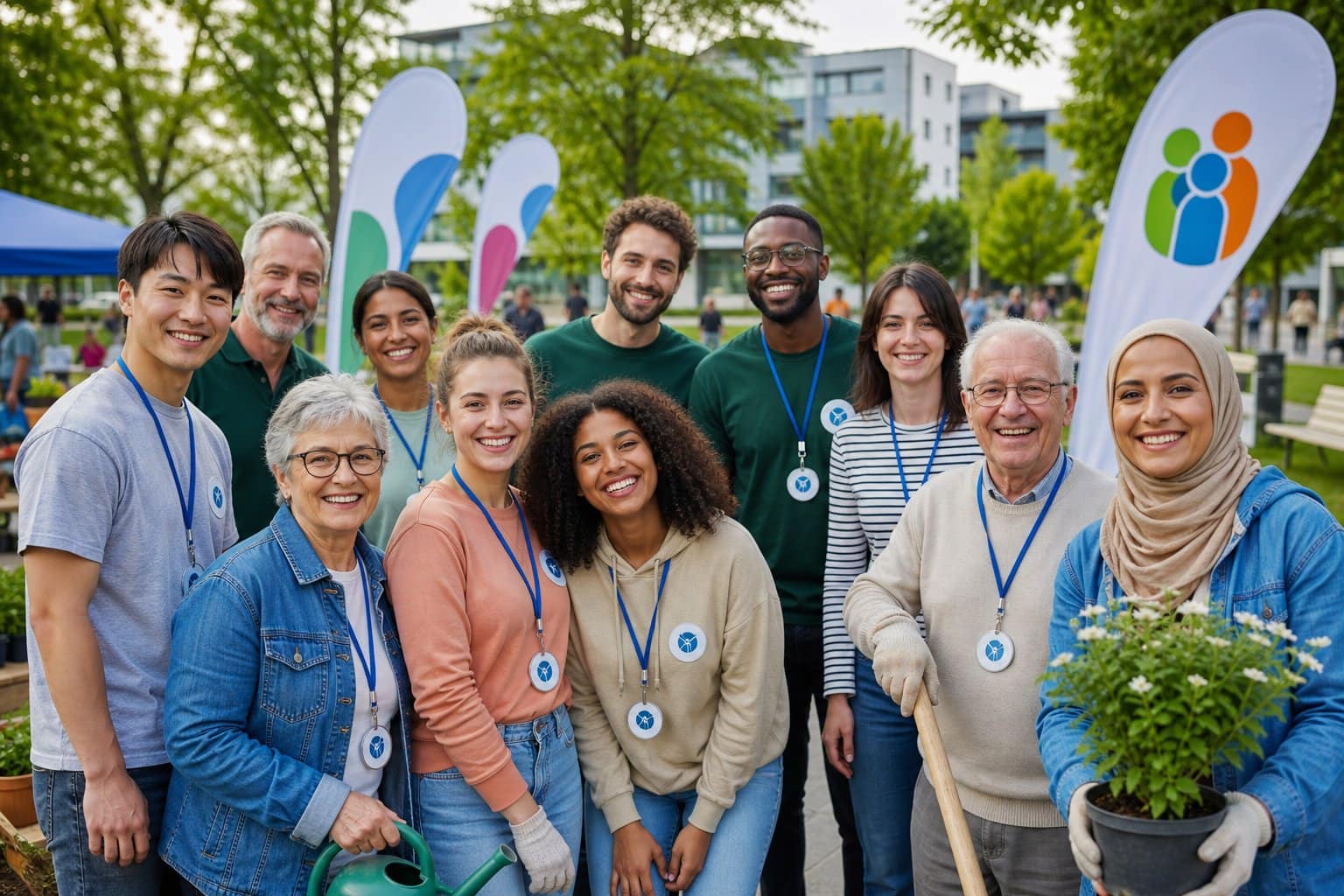 Eine vielfältige Gruppe von Freiwilligen verschiedener Altersgruppen und Herkunft steht draußen in einem Park und unterhält sich freundlich.