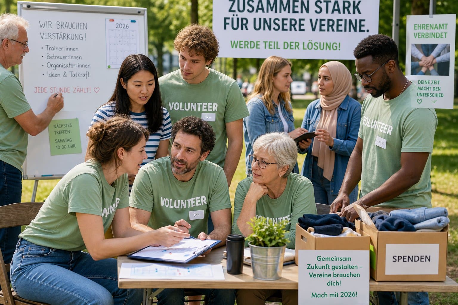 Eine Gruppe von Freiwilligen unterschiedlicher Altersgruppen arbeitet gemeinsam draußen an einer Gemeinschaftsaktivität.