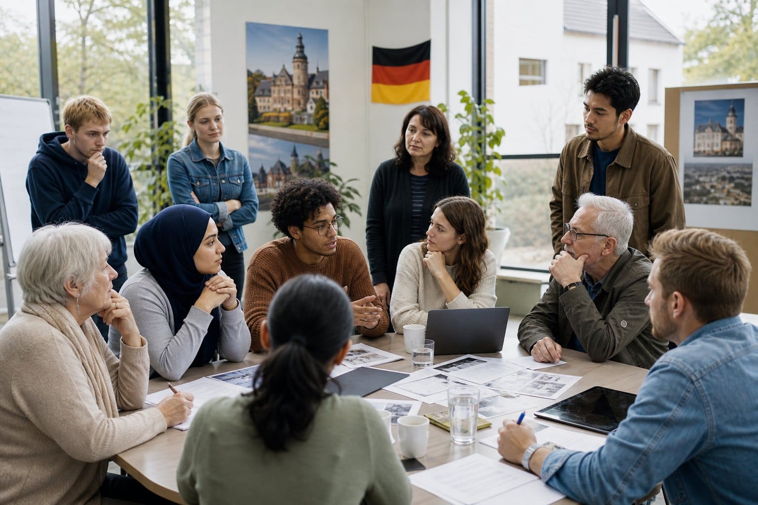 Eine Gruppe von Menschen unterschiedlicher Altersgruppen und Herkunft diskutiert in einem hellen Gemeinschaftszentrum über Freiwilligenarbeit.