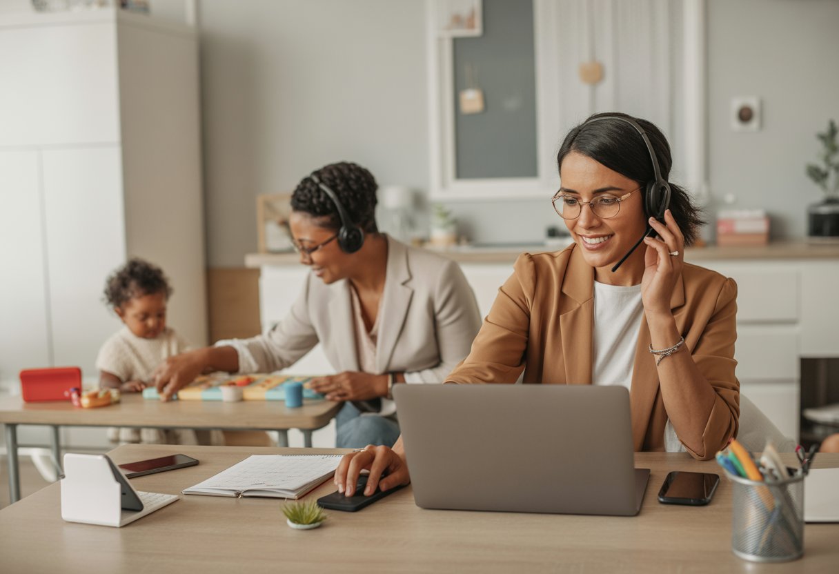 Ein berufstätiges Paar arbeitet im hellen Homeoffice und kümmert sich gemeinsam um sein Kind.