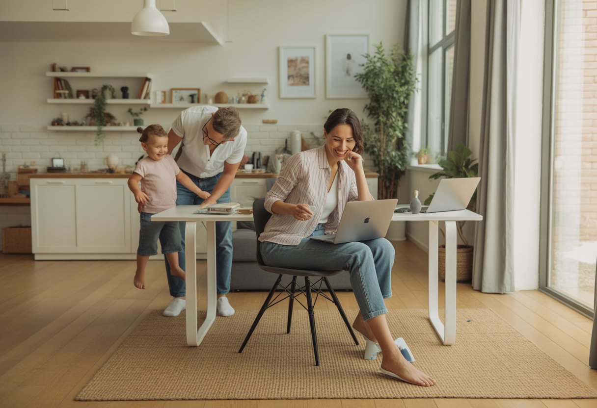 Eine Familie verbindet Homeoffice und Kinderbetreuung in einer modernen Wohnung.