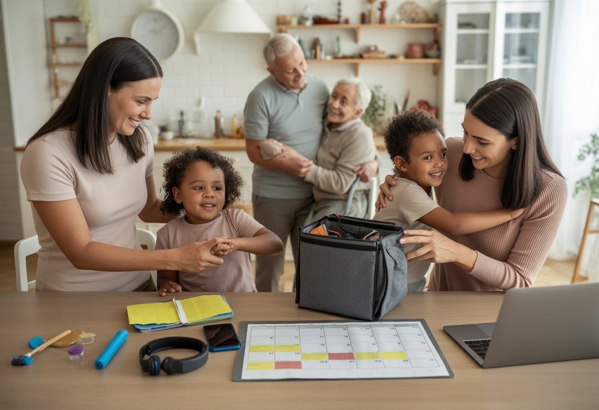 Eine mehrgenerationale Familie organisiert gemeinsam Arbeit, Kinderbetreuung und die Unterstützung eines älteren Angehörigen.