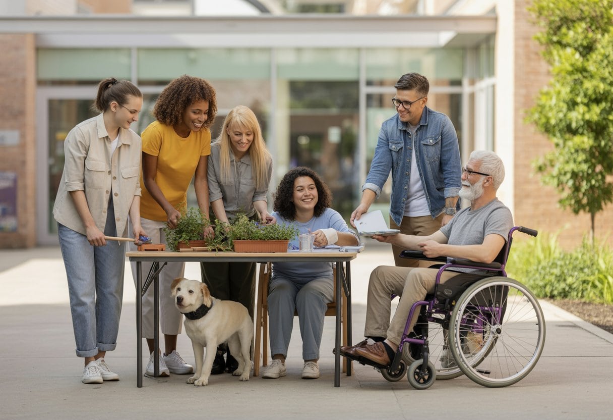 Eine vielfältige Gruppe arbeitet gemeinsam in einem barrierefreien Gemeinschaftsraum an einem Nachbarschaftsprojekt.