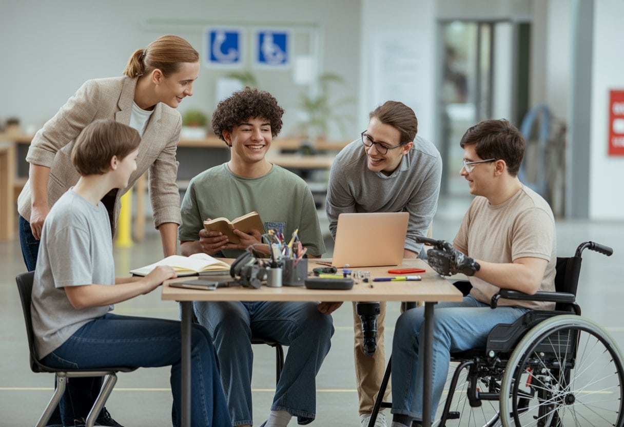 Junge Menschen mit unterschiedlichen Behinderungen arbeiten gemeinsam in einem barrierefreien Ausbildungsraum.