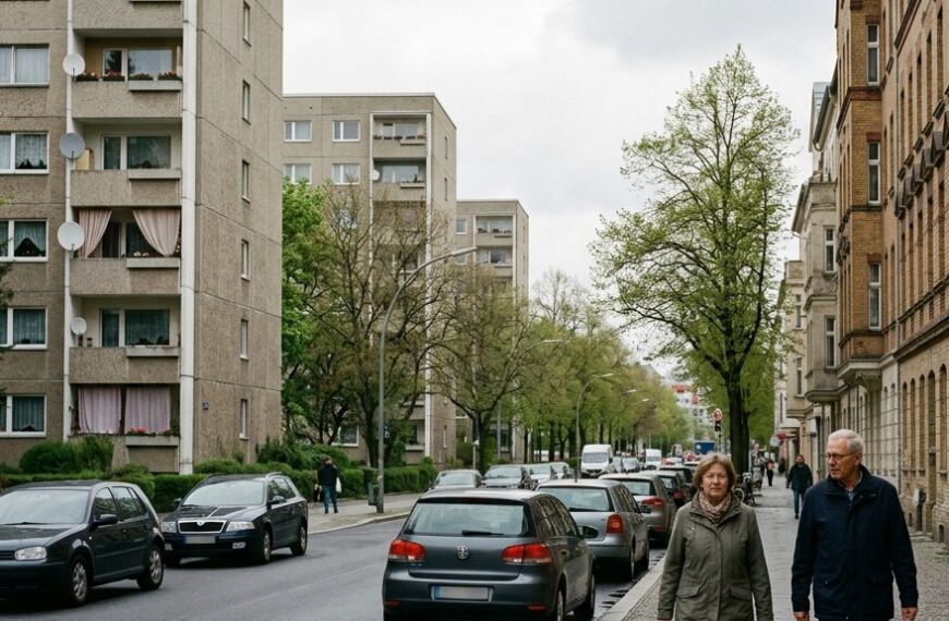 Mehrgeschossige Wohnhäuser an einer deutschen Wohnstraße – Symbolbild für Mietwohnungen und Wohngeld
