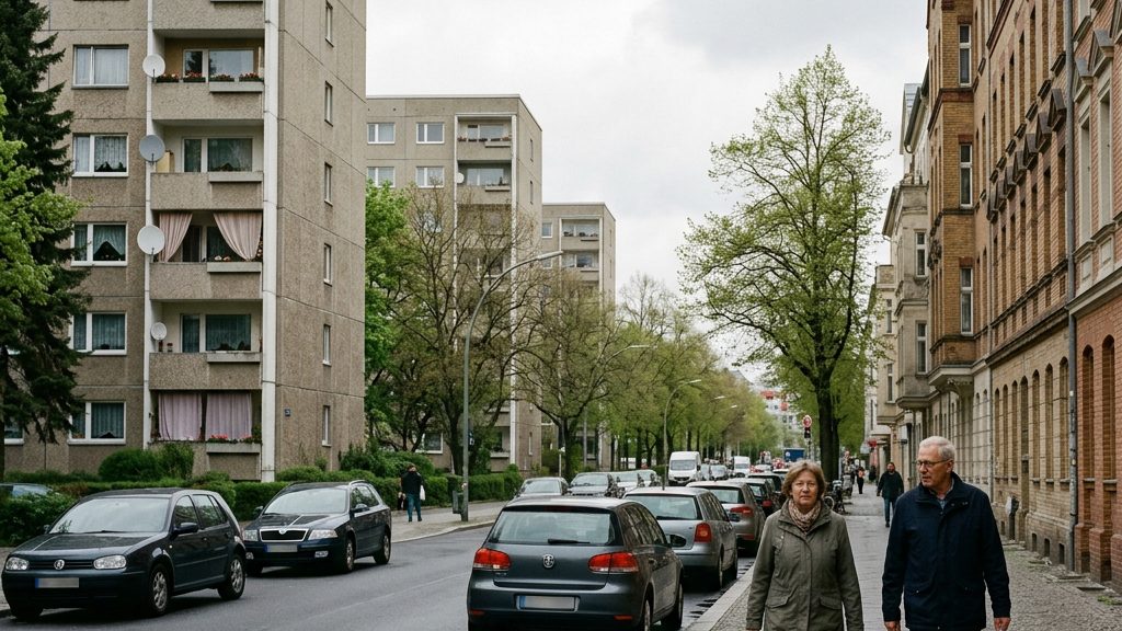 Mehrgeschossige Wohnhäuser an einer deutschen Wohnstraße – Symbolbild für Mietwohnungen und Wohngeld